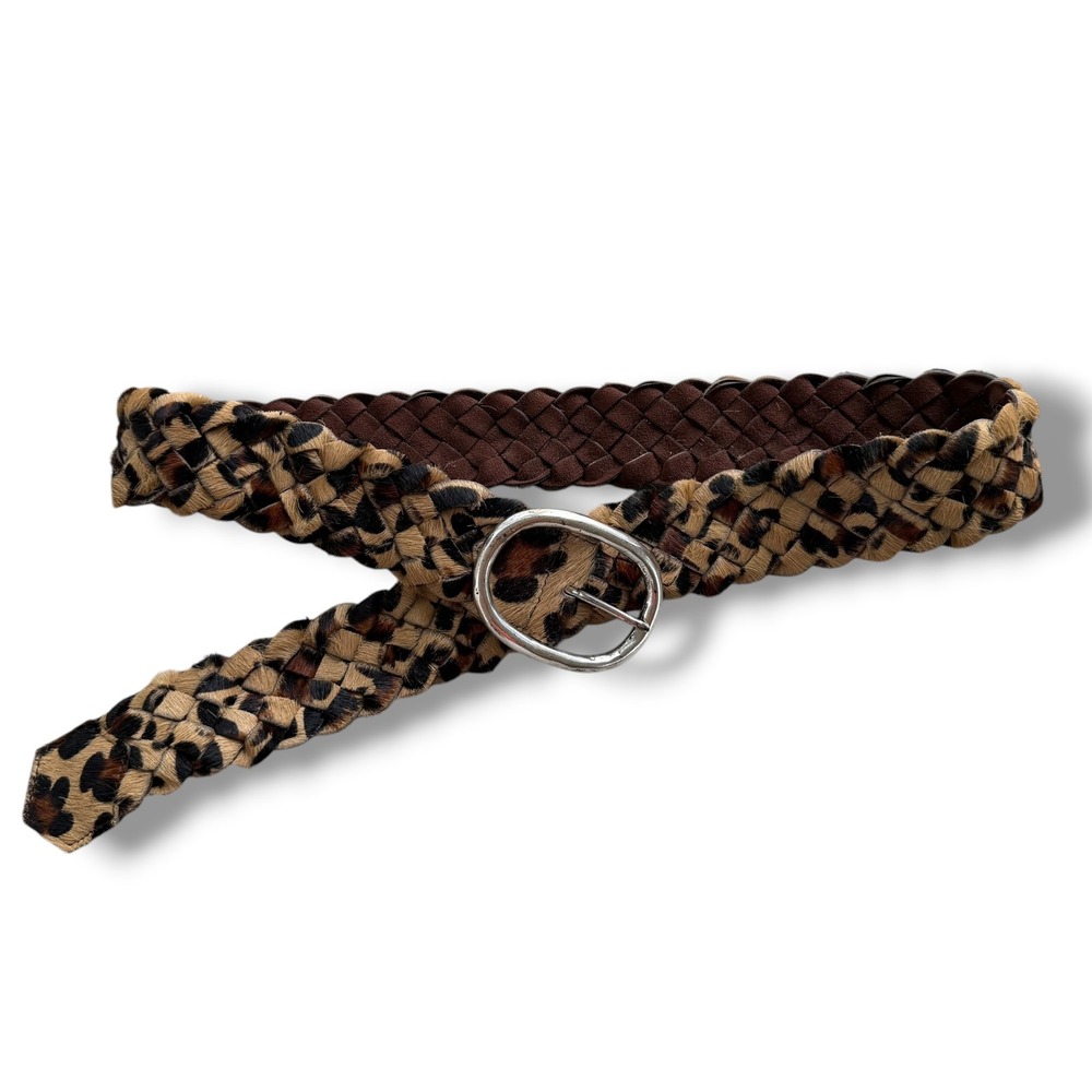 Woven Brown Tan Leopard Print CalfHair On Leather Braided Woven Wide Buckle Belt